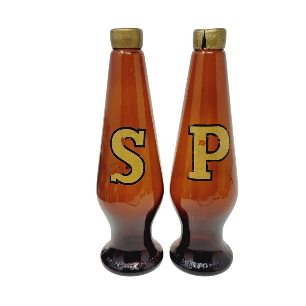 S&P Shakers Original Michelob Beer Bottles Upcycled 9" Tall Plastic Lids 1970s